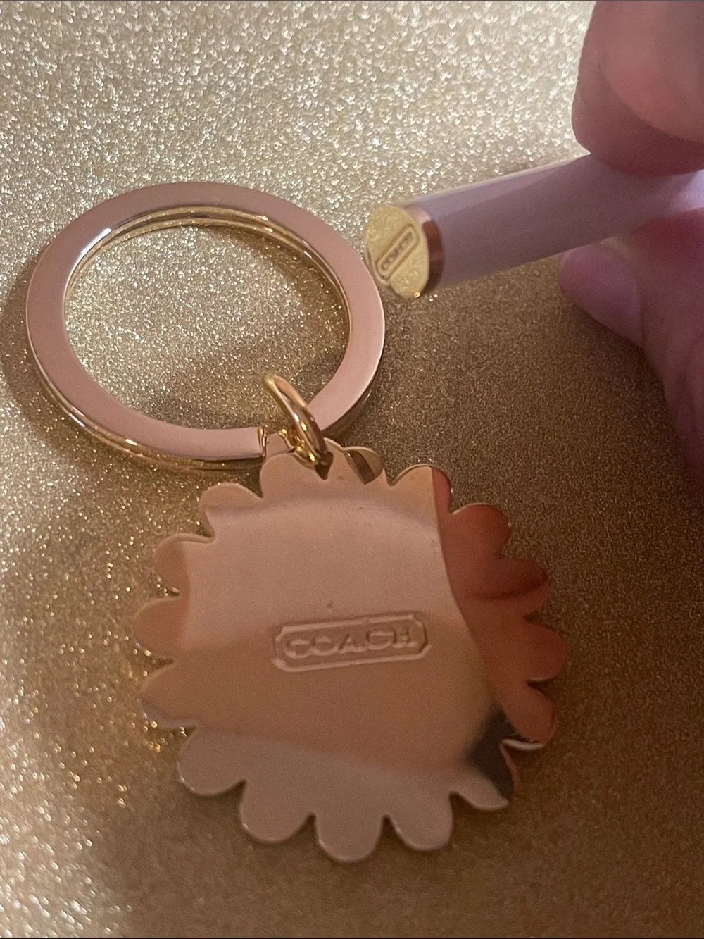Coach Lavender Daisy Keyring with Gold-Tone Ring and Coach Pen